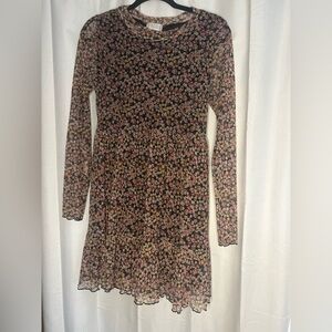 Dark Floral Tiered Lettuce Hem Sheer Sleeve Dress Tunic